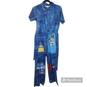 Blue jean like jumpsuit.  Unique Pacman & plaid pattern. Size Medium.